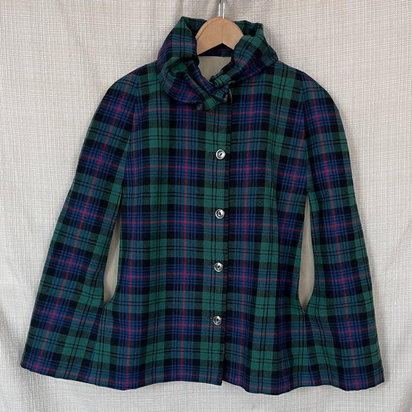 VINTAGE Hunter Green Tartan Plaid Wool Cape Cottage Core Preppy Cloak Coat P… - Picture 5 of 13